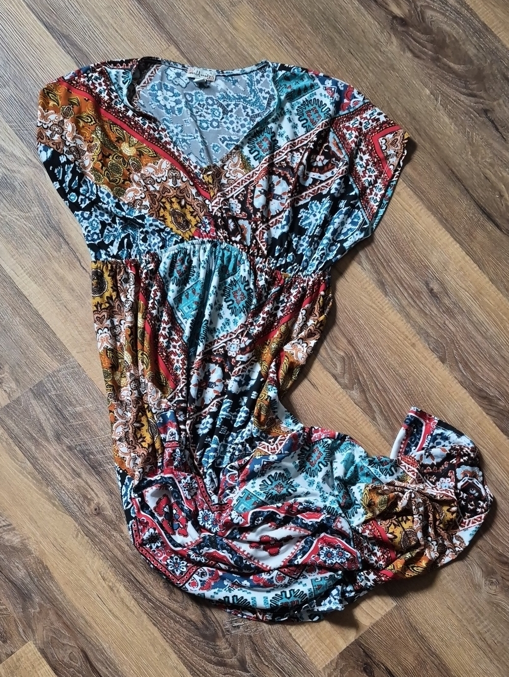 World Unity Boho Patchwork V-Neck Flutter Sleeve Maxi Dress Size XL